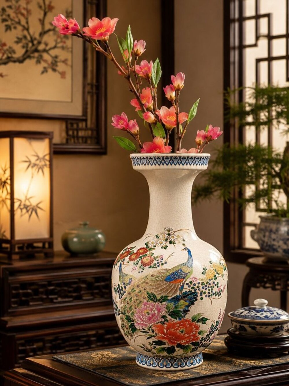 Otagiri Mid Century Satsuma Peacock Phoenix Large Crackled Floral Gold Line Vase